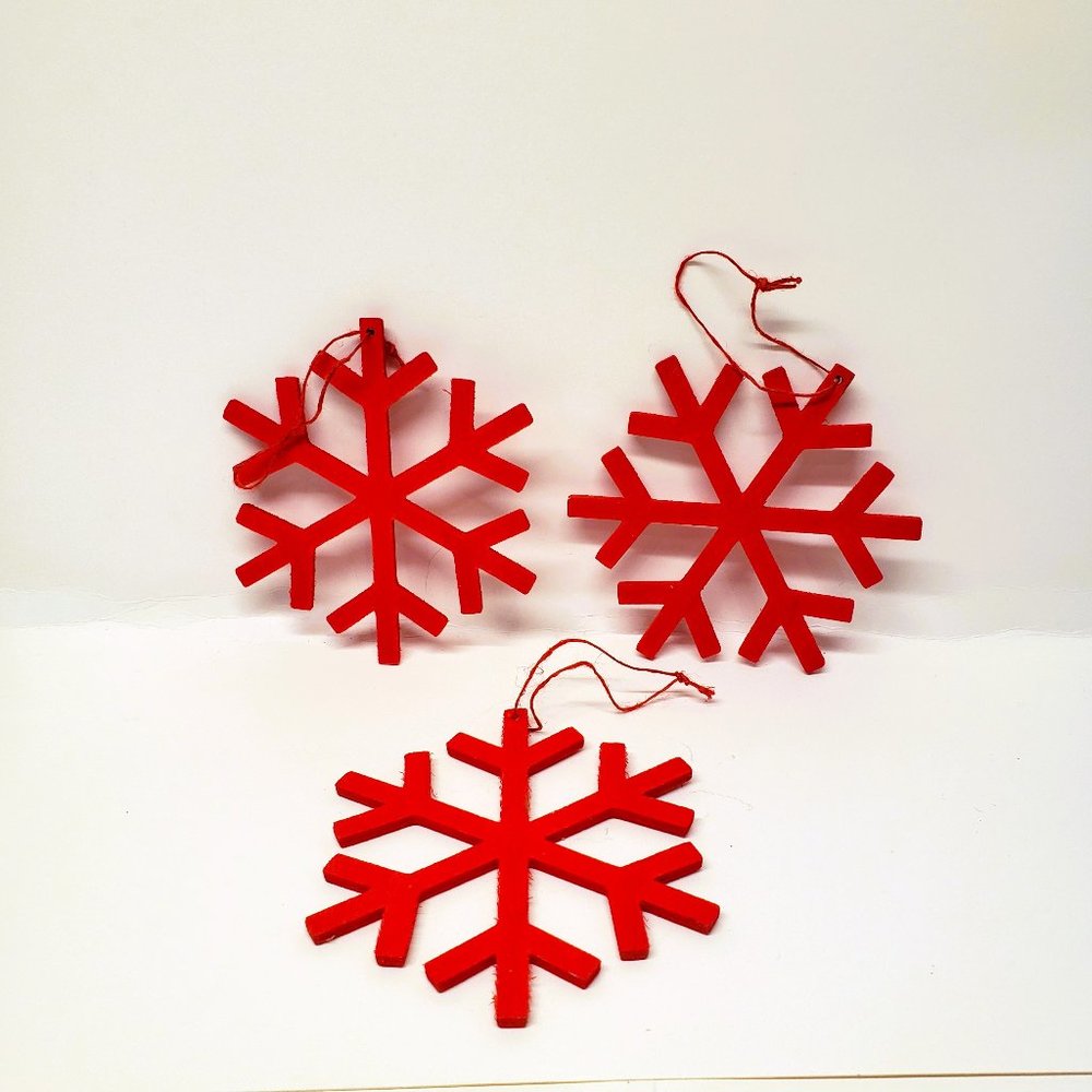 Red Wood Snowflake Christmas Ornament 3" Lot Set of 3